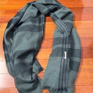 Blanket Scarf - green/navy plaid - fringed edges - 80x42”